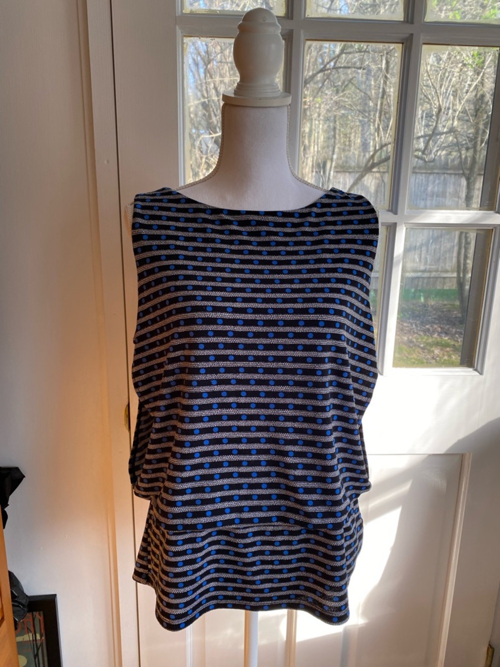 Ann Taylor Sleeveless Black Tank with Stripes and Blue Polka Dots